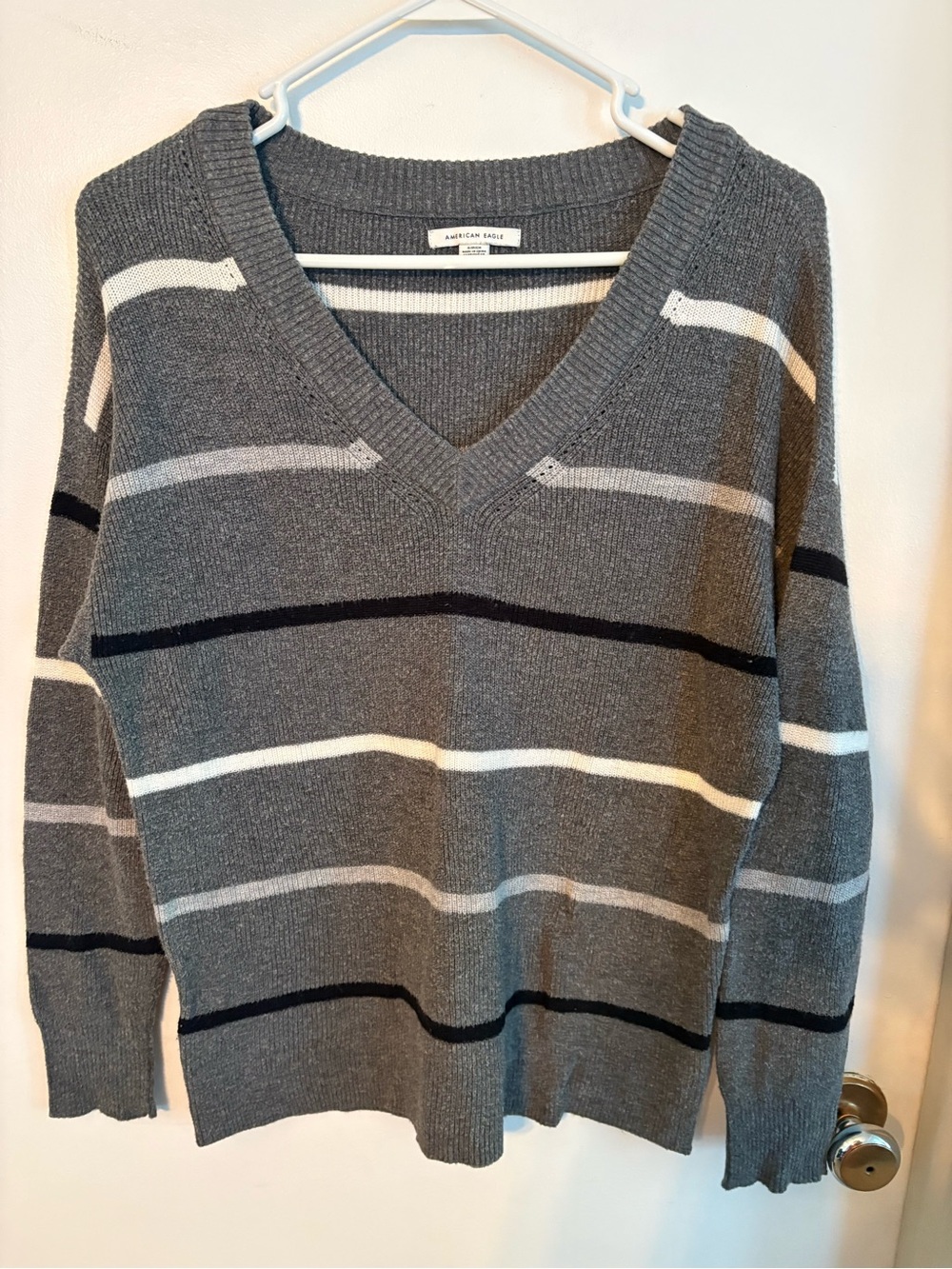 American Eagle Outfitters Gray Striped V-Neck Sweater